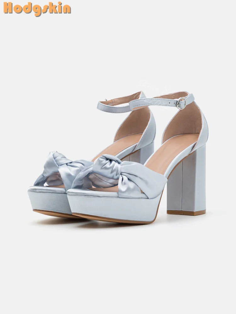 Satin Butterfly-knot Sandals Solid Round Toe Buckle Straps Square Heeled Pumps 2025 Summer Women New Platform Bow Wedding Shoes