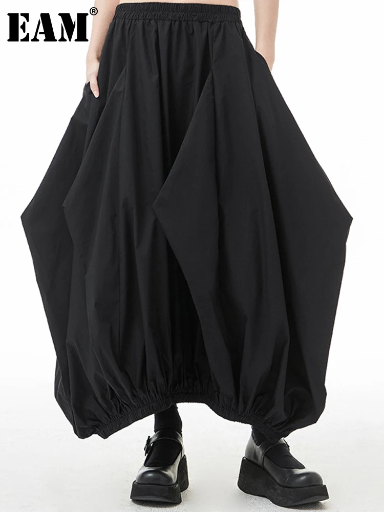 [EAM] High Elastic Waist Black Irregular Pleated Casual Long Half-body Skirt Women Fashion Tide New Spring Autumn 2024 1DE8027