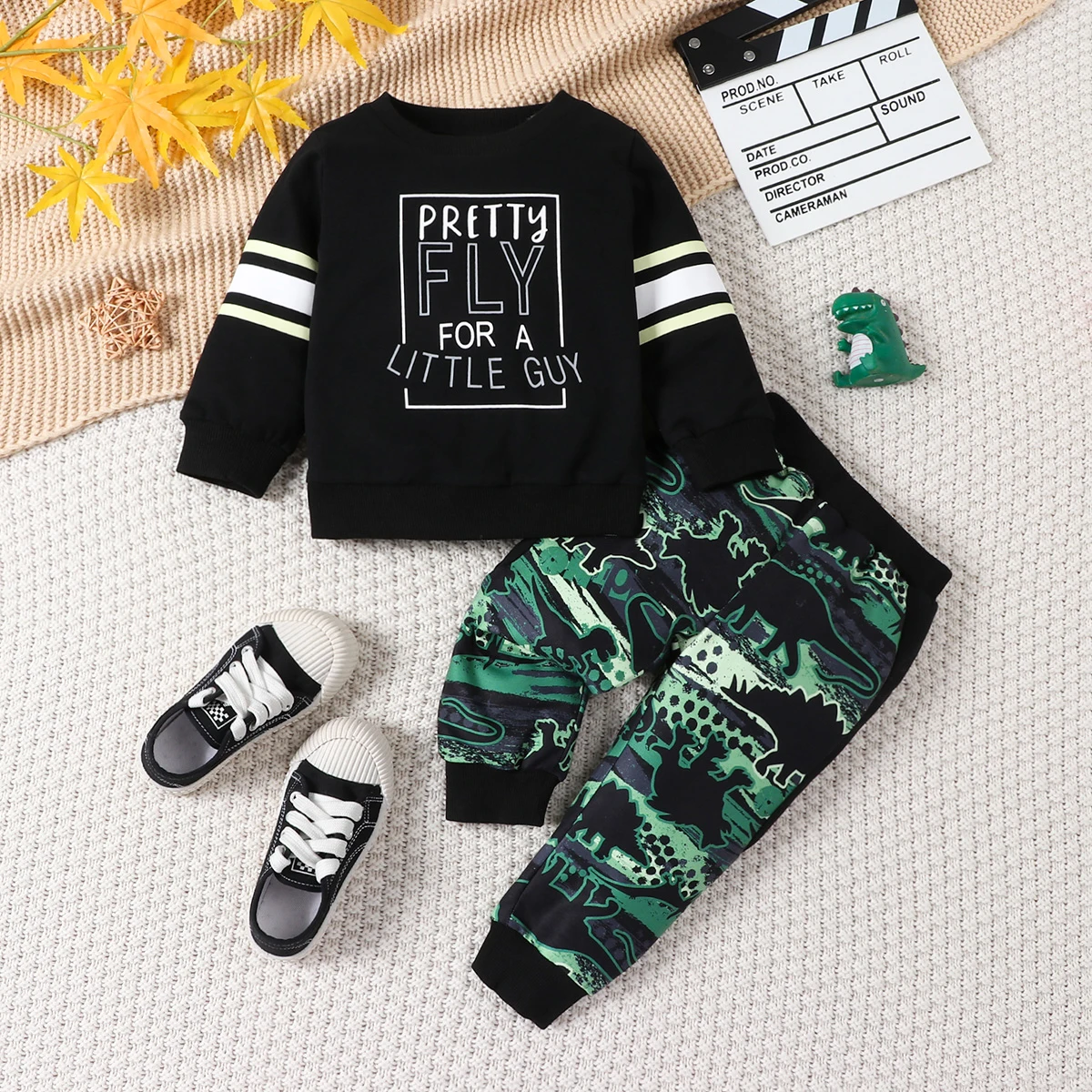 Two piece spring and autumn baby boy fashion casual letter printed long sleeved hoodie and dinosaur printed pants set