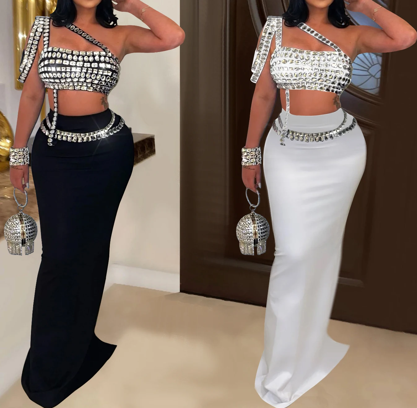Women's Prom Dress Set Diamonds Rhinestones Strapless Top Long Skirt Suit Evening Dress Sets 2 Piece elegant Party Dresses