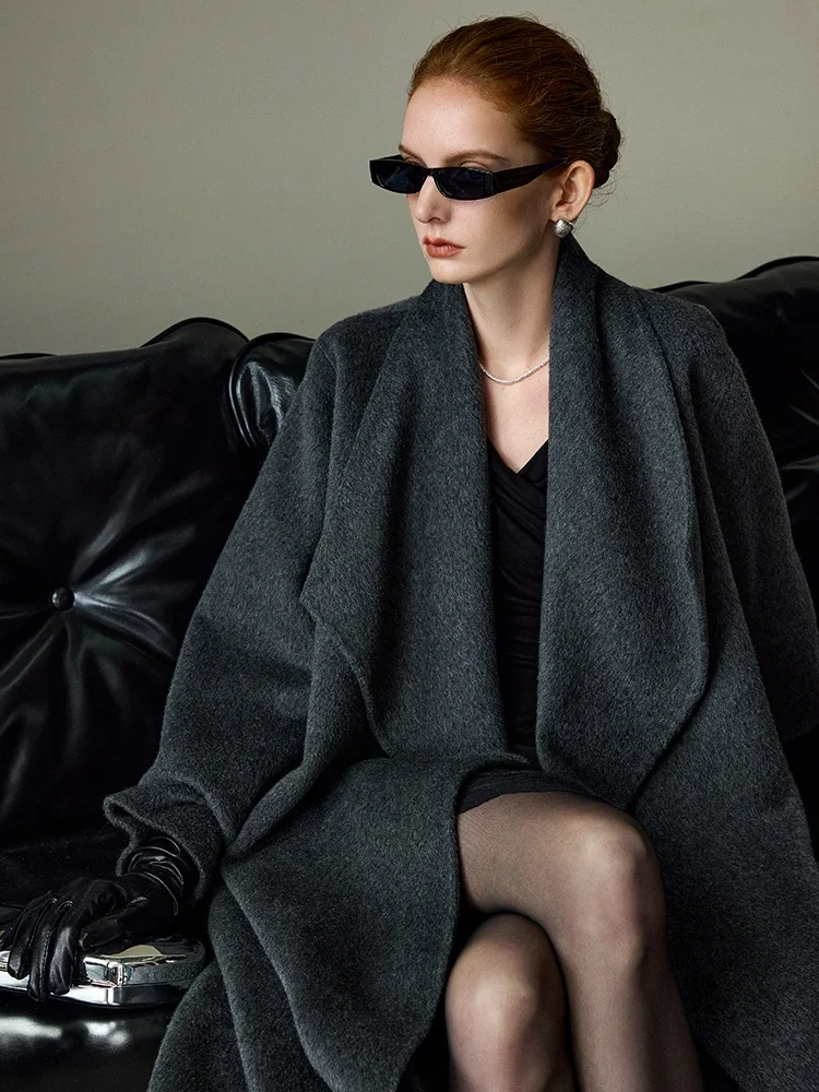 

Double-Faced Woolen Coat MISSPRINS Lazy Sle Long Sve Double-Breasted Belted Outerwear for Women Commute Faion