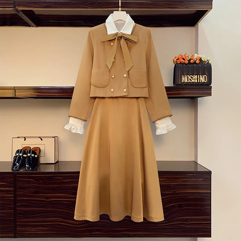 

Insozkdg French Women Autumn 3 Pieces Set Elegant Long Sleeve Blazer Bow Top Casual A-line Long Skirt Autumn Solid Lady Clothes