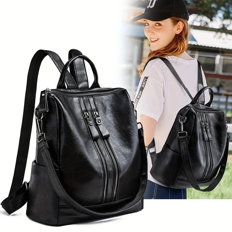 

Fashion Soft Leather Women's Backpack, Korean Style Large Capacity Double Zipper Versatile Travel & Daily