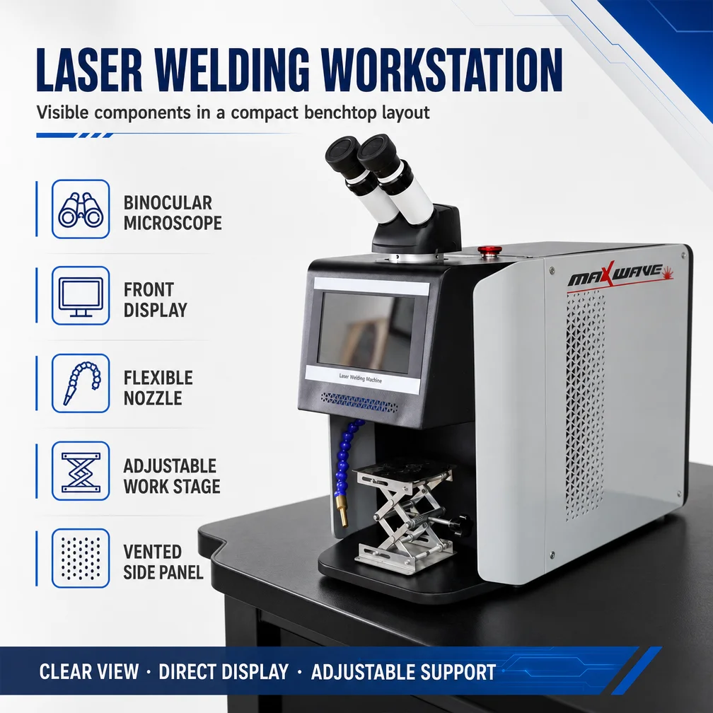 MAXUPWAVE MW-QW60 Compact Jewelry Laser Welding Machine with Binocular Microscope, Front Display and Adjustable Work Stage