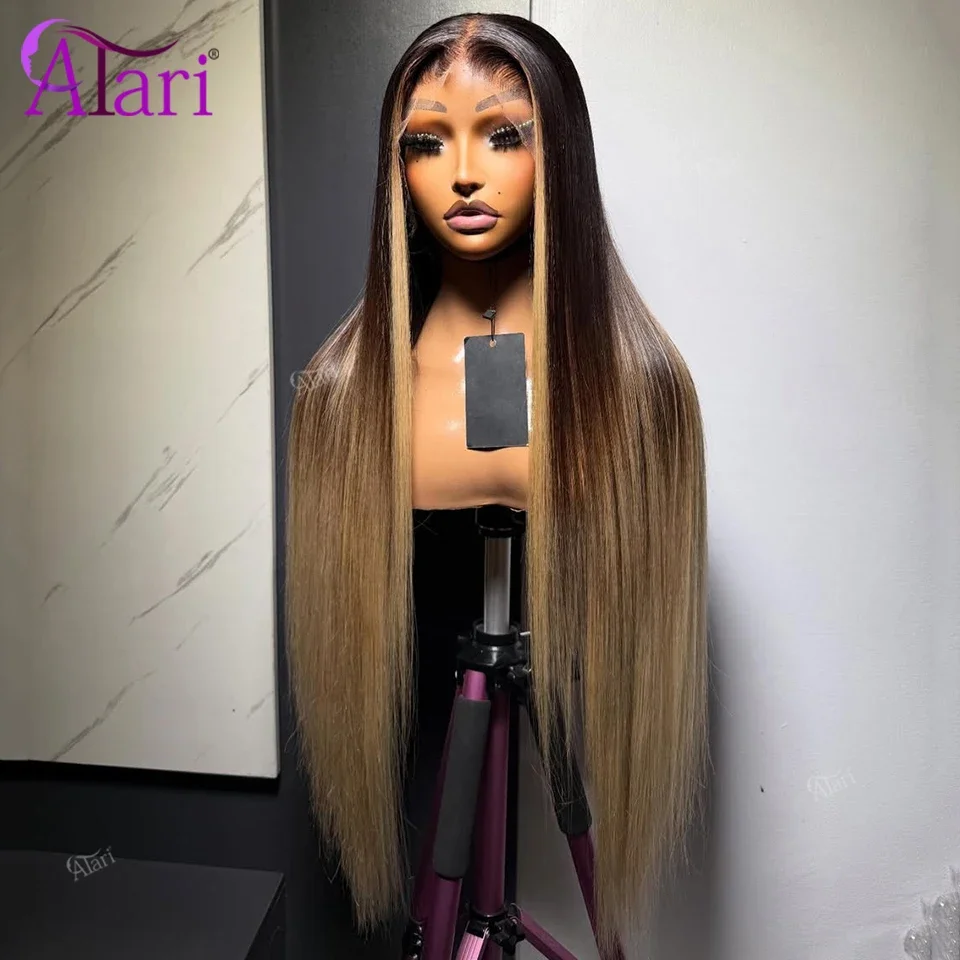 Peruca de Cabelo Humano Liso 13x4 13x6 com Renda Frontal Transparente, Cor 1B 27, Ombre com Mechas, Cabelo Remy Pré-arrancado