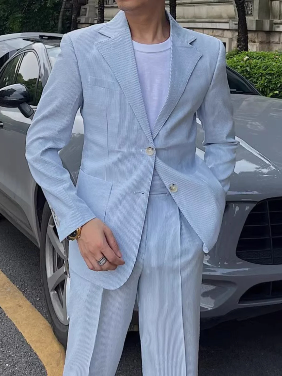 

Casual Blue Striped Bubble Cloth Men's Suiting Set Stand Fit Busin Gentleman Sle Spring Summer Trend Two Button