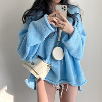 2024 Autumn Loose Women Knitted Tops Winter Y2K Sweater Elegant Casual Solid Knitwear Fashion New Blue Pullover Clothing