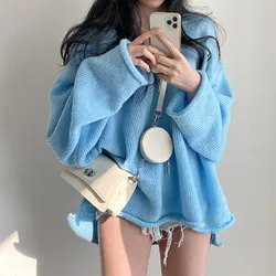 2025 Autumn Loose Women Knitted Tops Winter Y2K Sweater Elegant Casual Solid Knitwear Fashion New Blue Pullover Clothing
