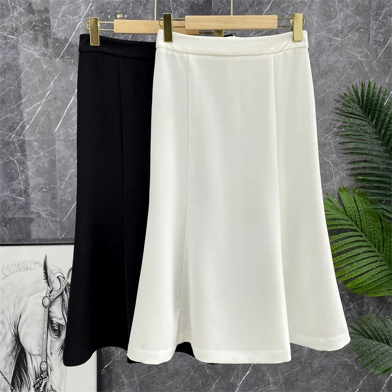 

Элегантная юбка-миди с высокой талией и силуэтом «рыбий хвост», стройнящая фигуру, А-силуэт, из триацетатного волокна, для офиса, однотонная