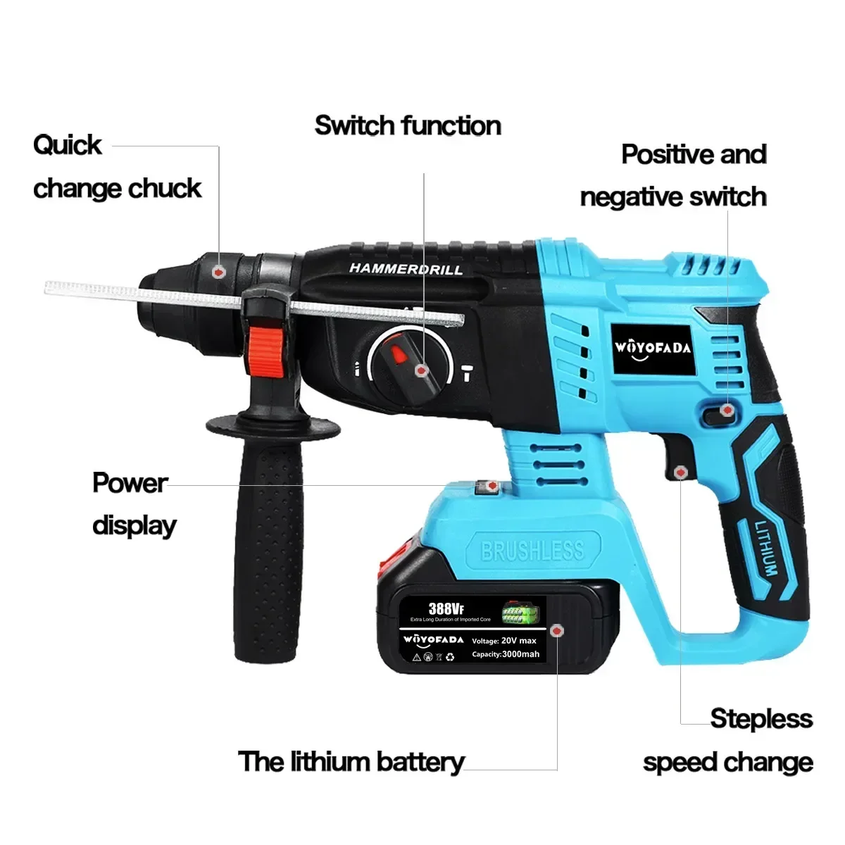 WOYOFADA 18V Electric Hammer Cordless Electric Impact Drill Multifunctional Rotary Electric Pick For Makita 18V Battery