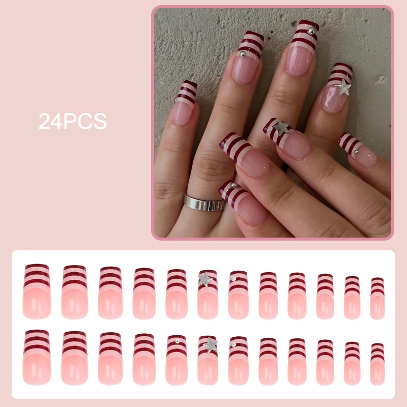 24pcs Fake Nails Press on Nails Striped Medium Pipe Fake Nails Press on Fake Nails Removable Fake Nails Manicure Nail Tips
