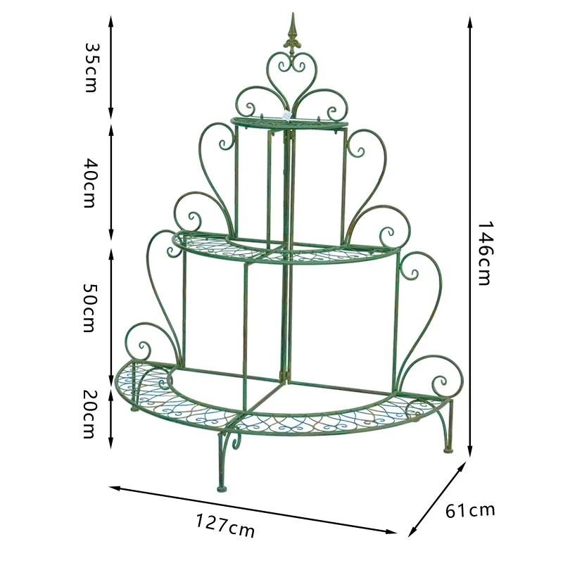 Vintage wrought iron three-layer semi-circular flower rack for indoor, outdoor, garden, balcony, courtyard flower pot rack