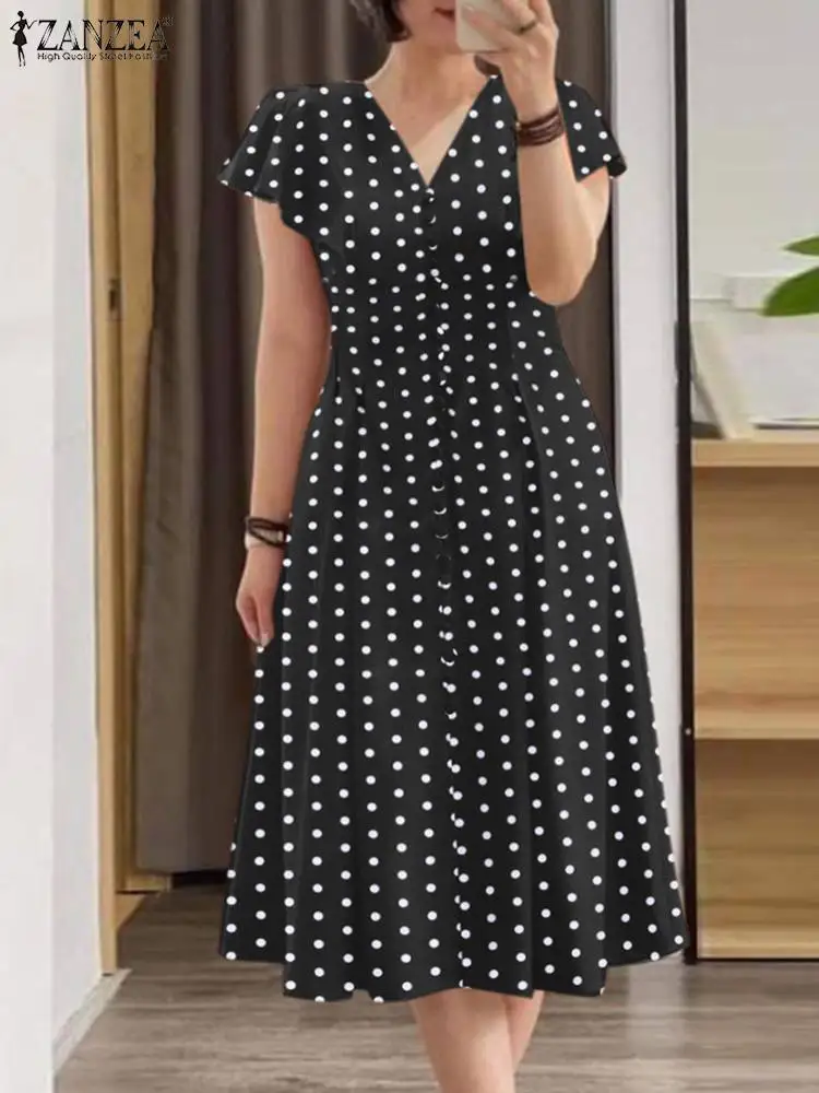 Summer Vintage Polka Dot Printed Mid-calf Dress 2024 ZANZEA Women V Neck Short Sleeve Sundress Fashion Party Vestido Robe Femme