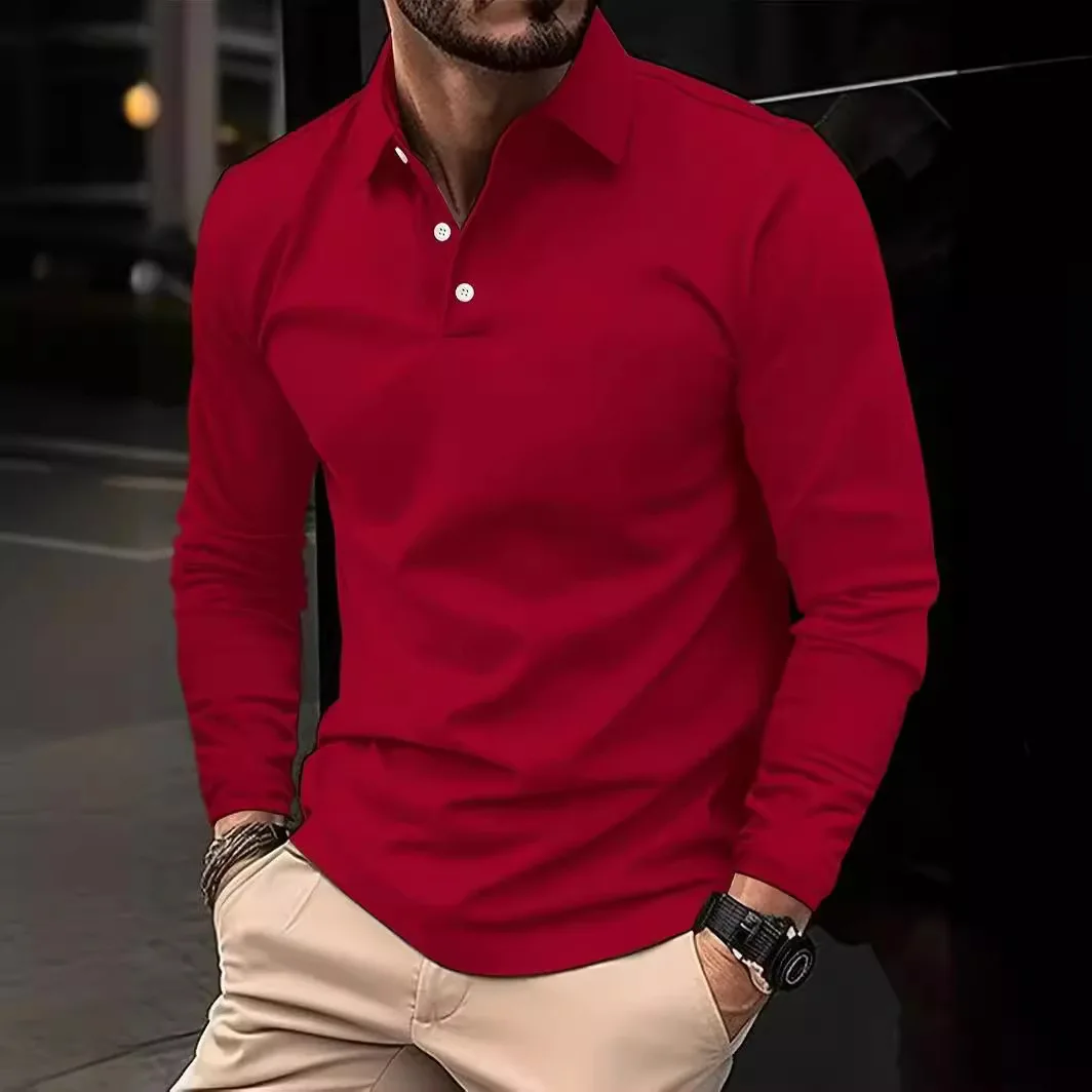 2024 Autumn Men\'s Polo Shirts Turn-Down Collar Solid Long Sleeve Smart Casual Polos Man Fashion Breathable Loose Tees Tops Men