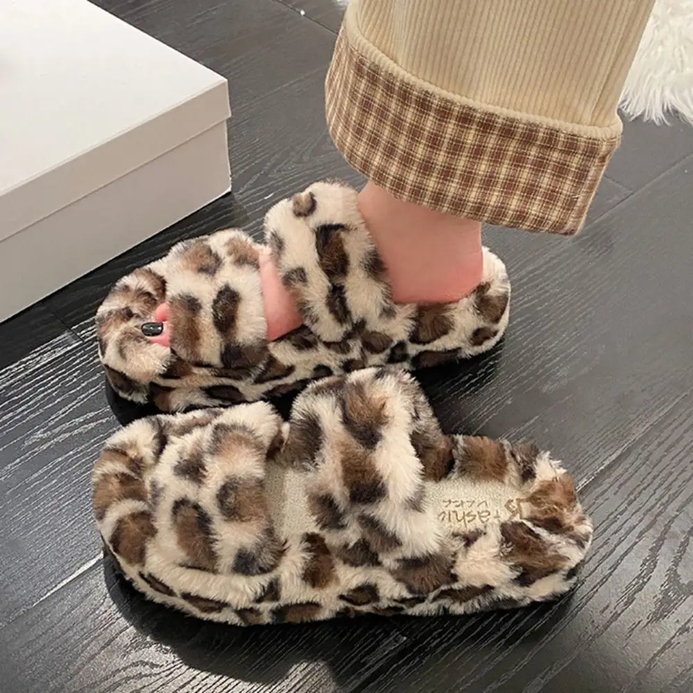 سميكة وحيد ليوبارد طباعة نعال قماش بولي كلوريد الفينيل عدم الانزلاق نِعال من الفراء الدافئة رقيق داخلي في الهواء الطلق Y2k ليوبارد النعال الخريف/الشتاء #2