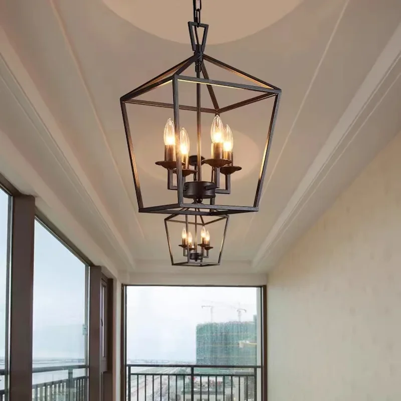 Retro wrought iron chandeliers creative restaurant pendant light industrial iron cage chandelier minimalist living room light