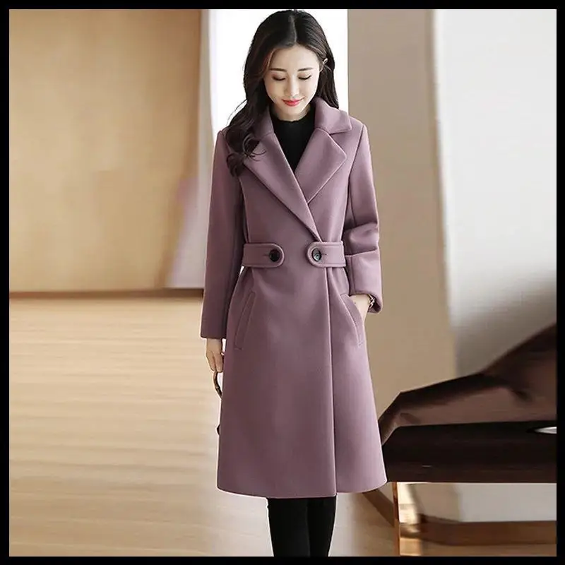 

Korean Version Waist Cinching Woolen Coat for Women Medium to Long Women's Clothing Slim Fit and Slimming Over the Knees