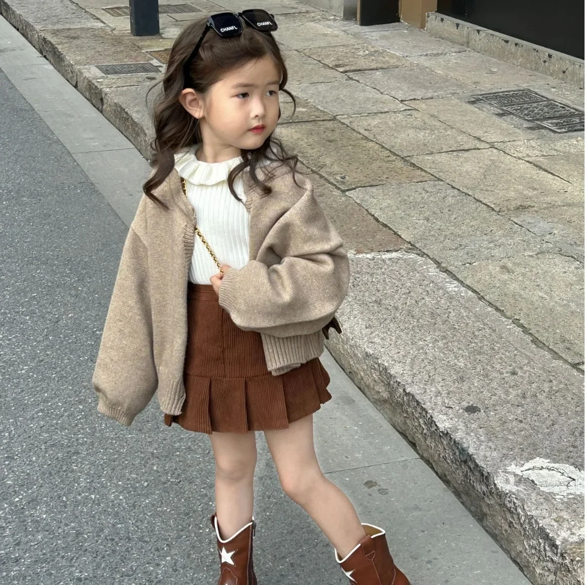 Baby Girls Sets Knitted Sweater Ruffled Collar Base Shirt Corduroy Solid Skirt 2024 Autumn New Korean Style Kids Two Piece Sets