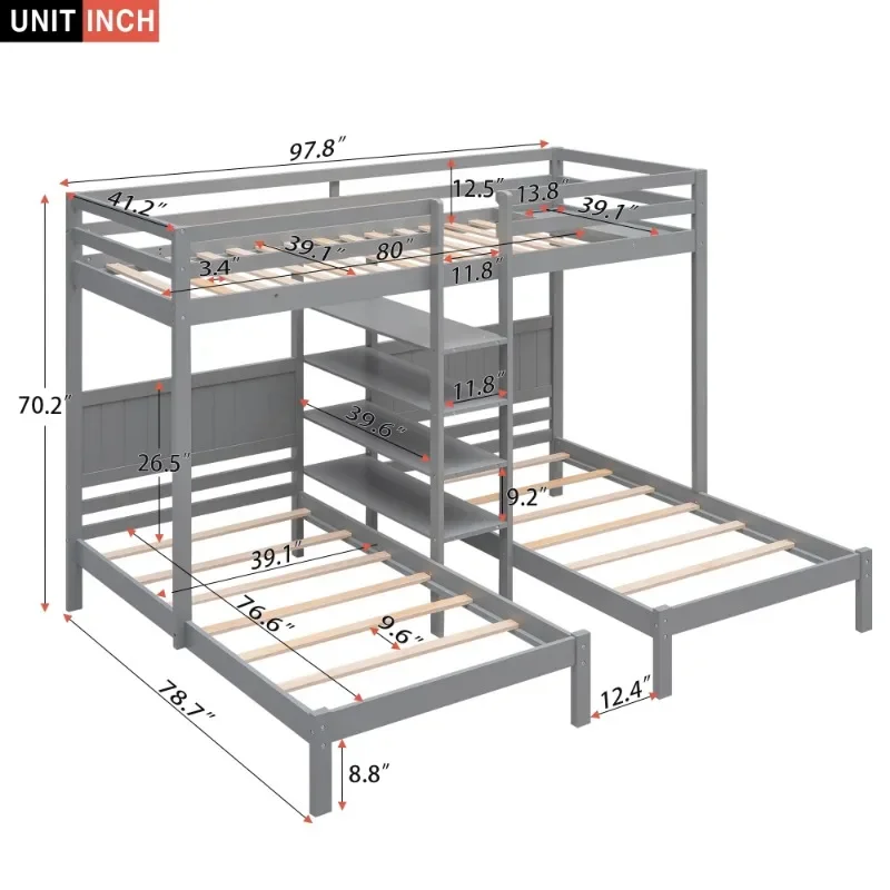 Euroco Modern Bedroom Twin over Twin & Twin Bunk Bed with Shelf, 3-in-1 Bunk Bed for Kids Bedroom, Gray