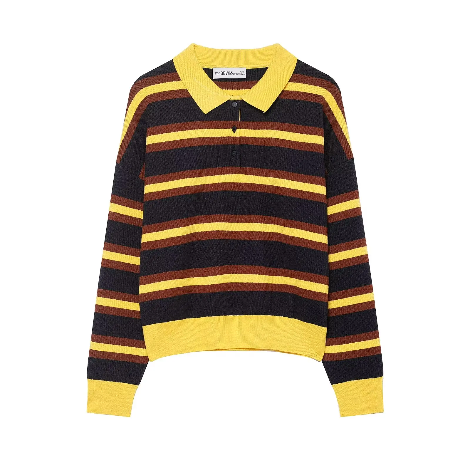 HH 2025 Women's Elegant Yellow Striped Knitted Pullover Turn Down Collar Long Sleeves Slim Causal Cropped Sweater Chic Tops