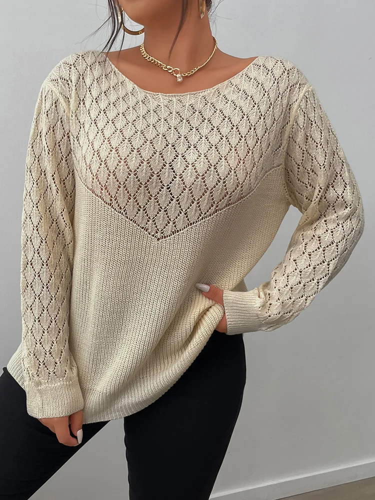 ONELINK Plus Size Women Autumn Woolen Sweater Pullover Big O Neck Argyle Knit Light Khaki Beige White Long Sleeves Large Tops