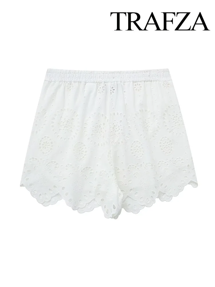 BabYoung Summer Fashion Women Shorts White Mid-Waist Elastic Waist Lace-Up Hollow Out Decorate Female Casual Slim Short Pants