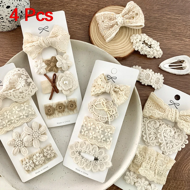 

4 Pcs Children's Hair Clips Set Korean Cute Sweet Kawaii Fabric Lace Bow Flower BB Clips High-quality Hair Accessories For Girl