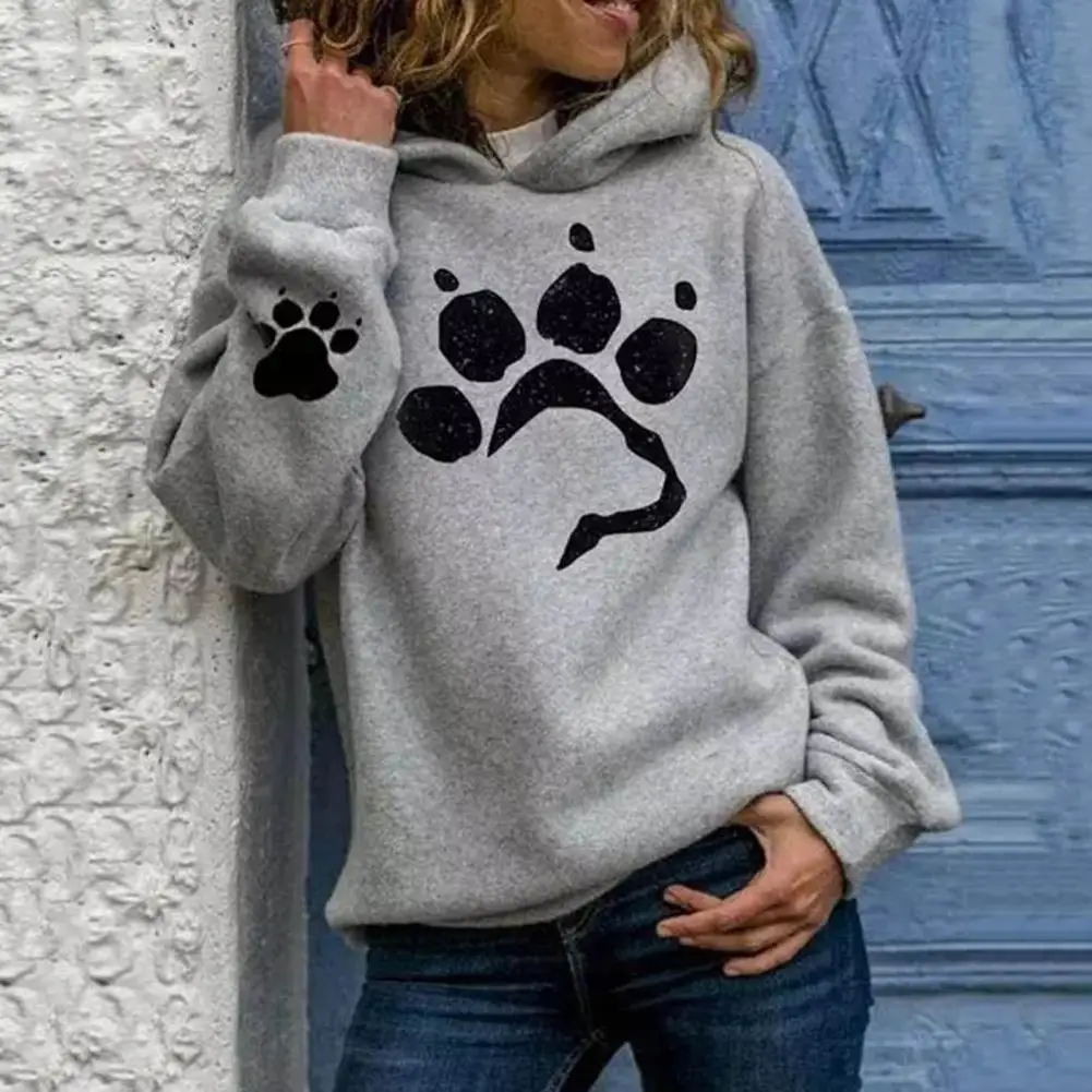 Women Hoodie Cartoon Paw Print Hooded Hat Loose Thick Cold-proof Pullover Plush Soft Spring Hoodie Sweatshirts Ropa Mujer Tops