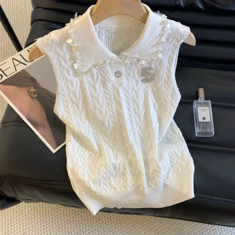 

Women Clothing Solid Letter Tassel Diamonds Tanks Tops Summer Sleeveless Fashion Loose Casual Camisole T-shirt