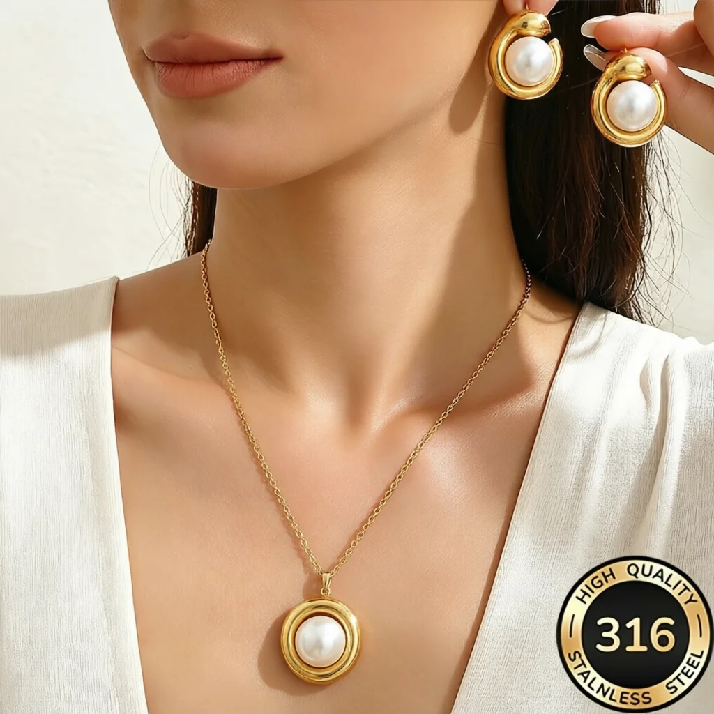 Faux Pearl Necklace & Earring 2Pcs Set, Stainless Steel French Irregular Pearl Jewelry, Minimal Daily Matching Accessories