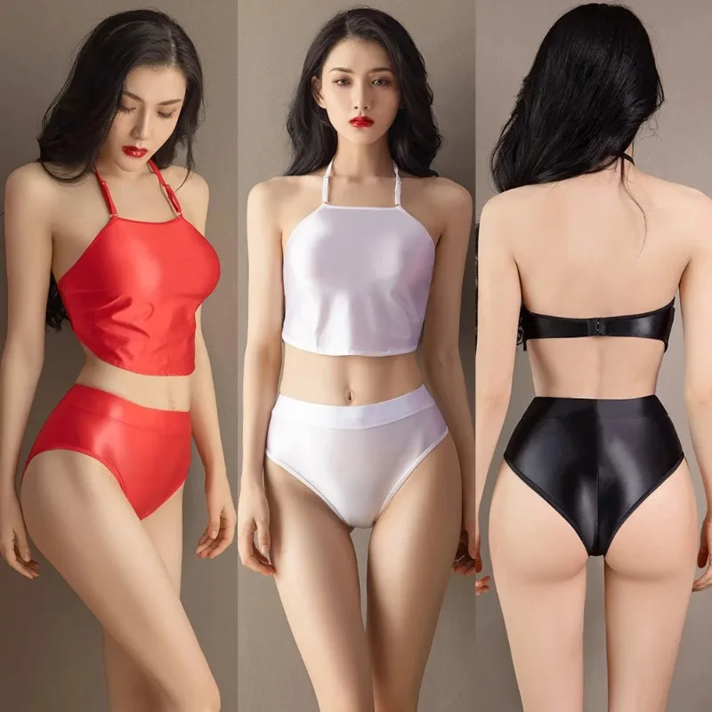 

Women Sexy Glossy Underwear Set Push Up Silky Halter Camis Top High Cut Panties Elastic Bikini Sexy Teddy Erotic Lingerie Set