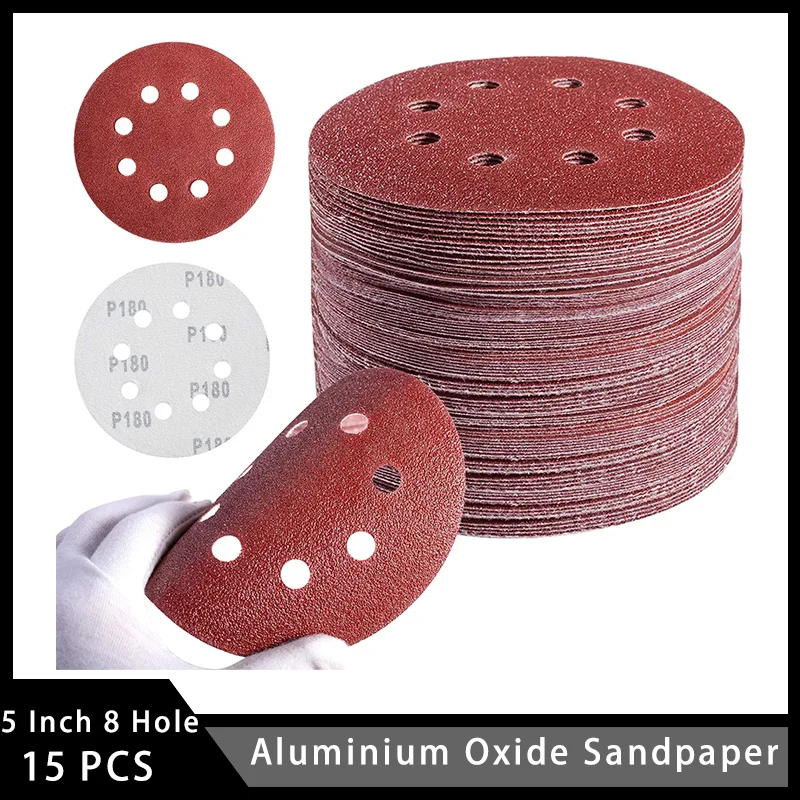 

15Pcs 5 Inch 125mm 8 Holes Aluminium Oxide Sandpaper Dry 60 to 2000 Grits Hook & Loop Sanding Disc for Metal & Auto&Wood Sanding