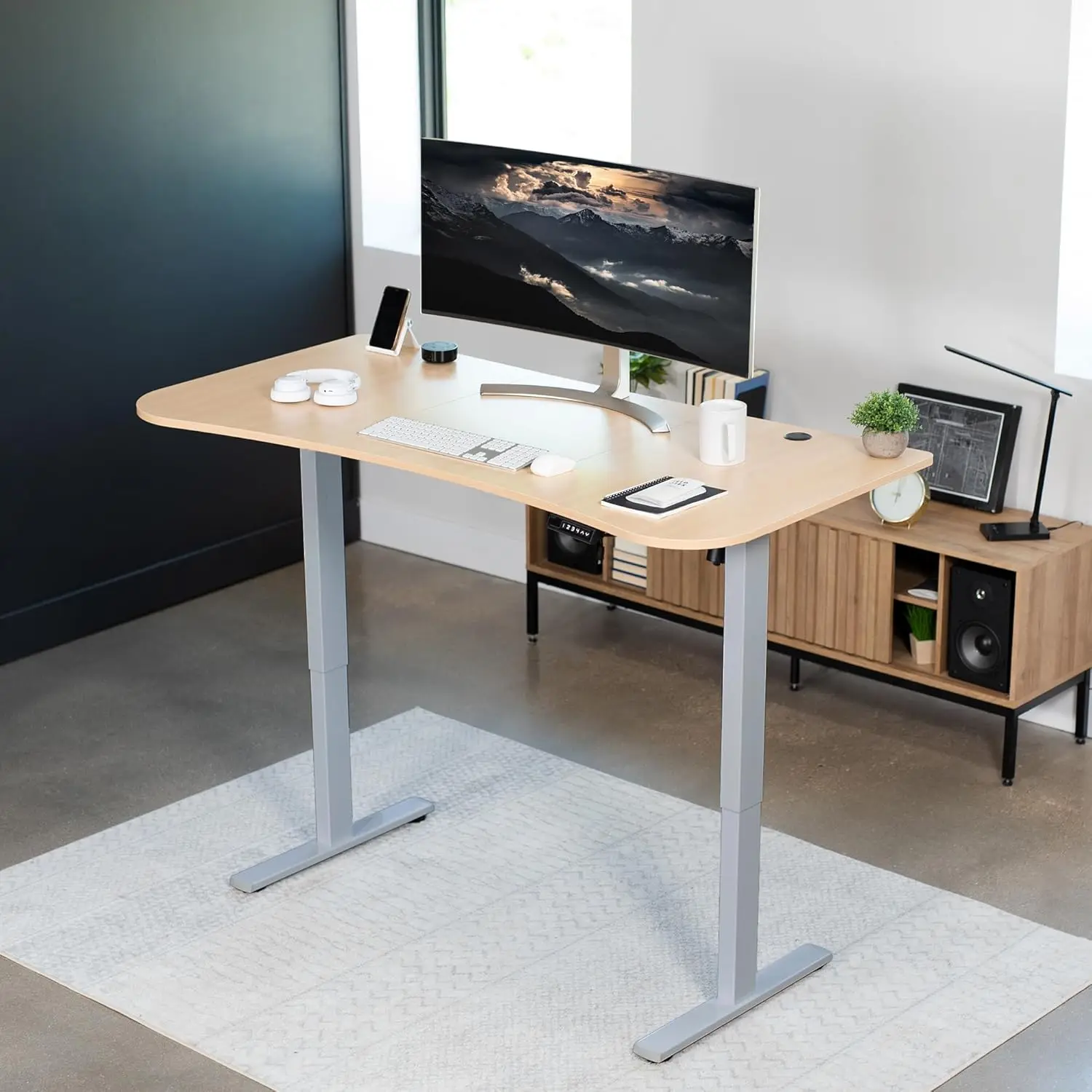 Electric 63 x 32 inch Standing Desk Workstation, Memory Controller Height Adjustment,  Light Wood Top Gray Frame