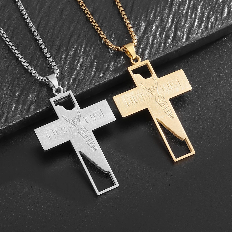 Stainless Steel Engraved Jesus Letters Christian Jesus Cross Pendant Necklace Men Women Catholic Faith Prayer Jewelry