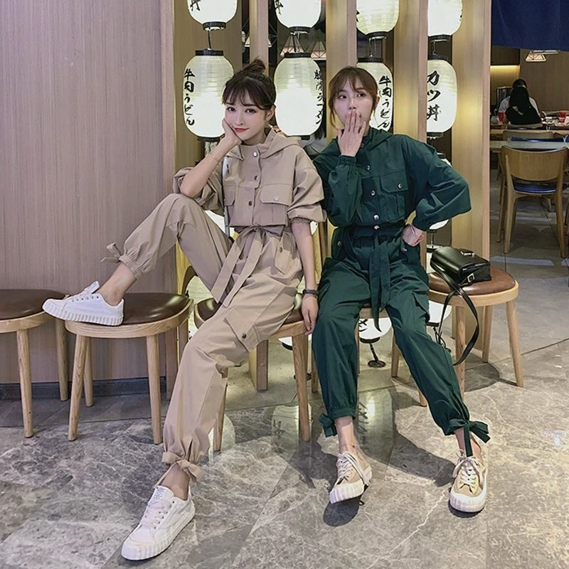 Spring Autumn New Women's Clothing Solid Color Lapel Long Sleeve Waist Leisure Cargo One-Piece Trousers