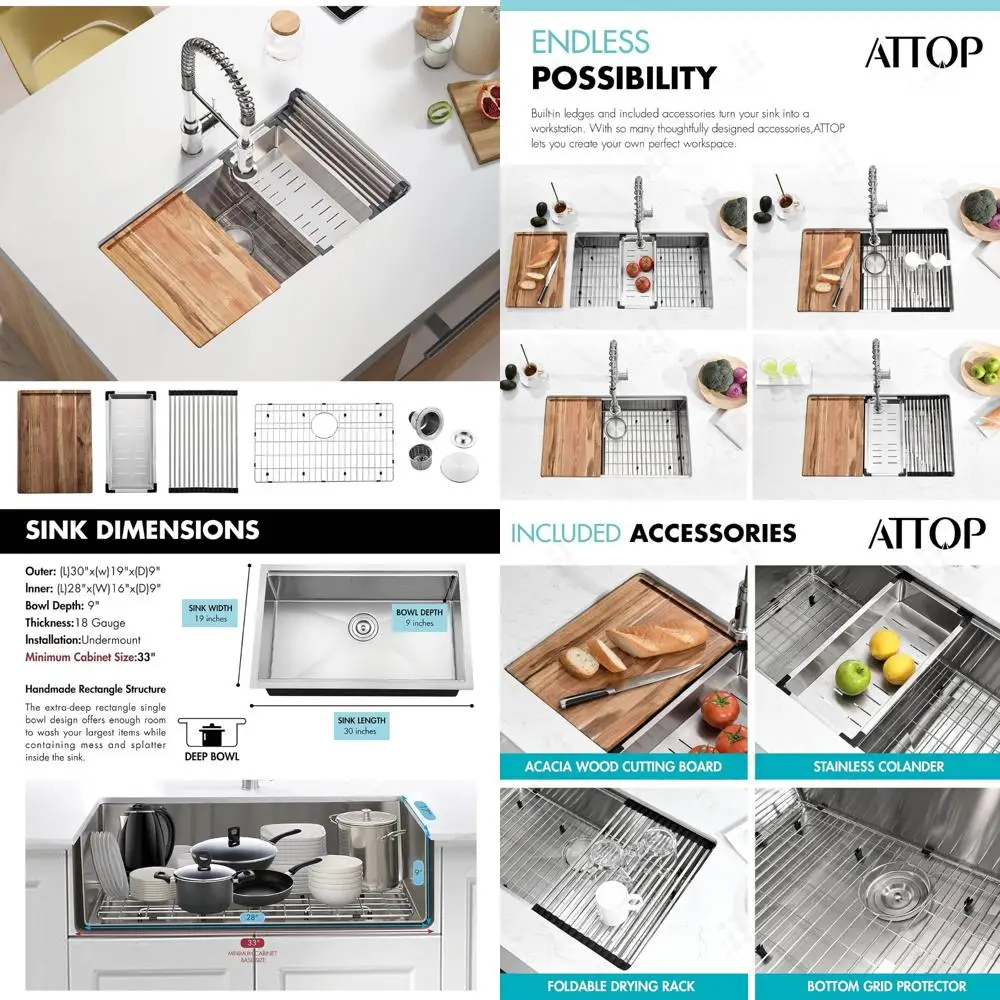 

Stainless Steel Undermount Single Bowl Kitchen Sink, 30 Inch Handcrafted Workstation Sink with Ledge for Professional Use