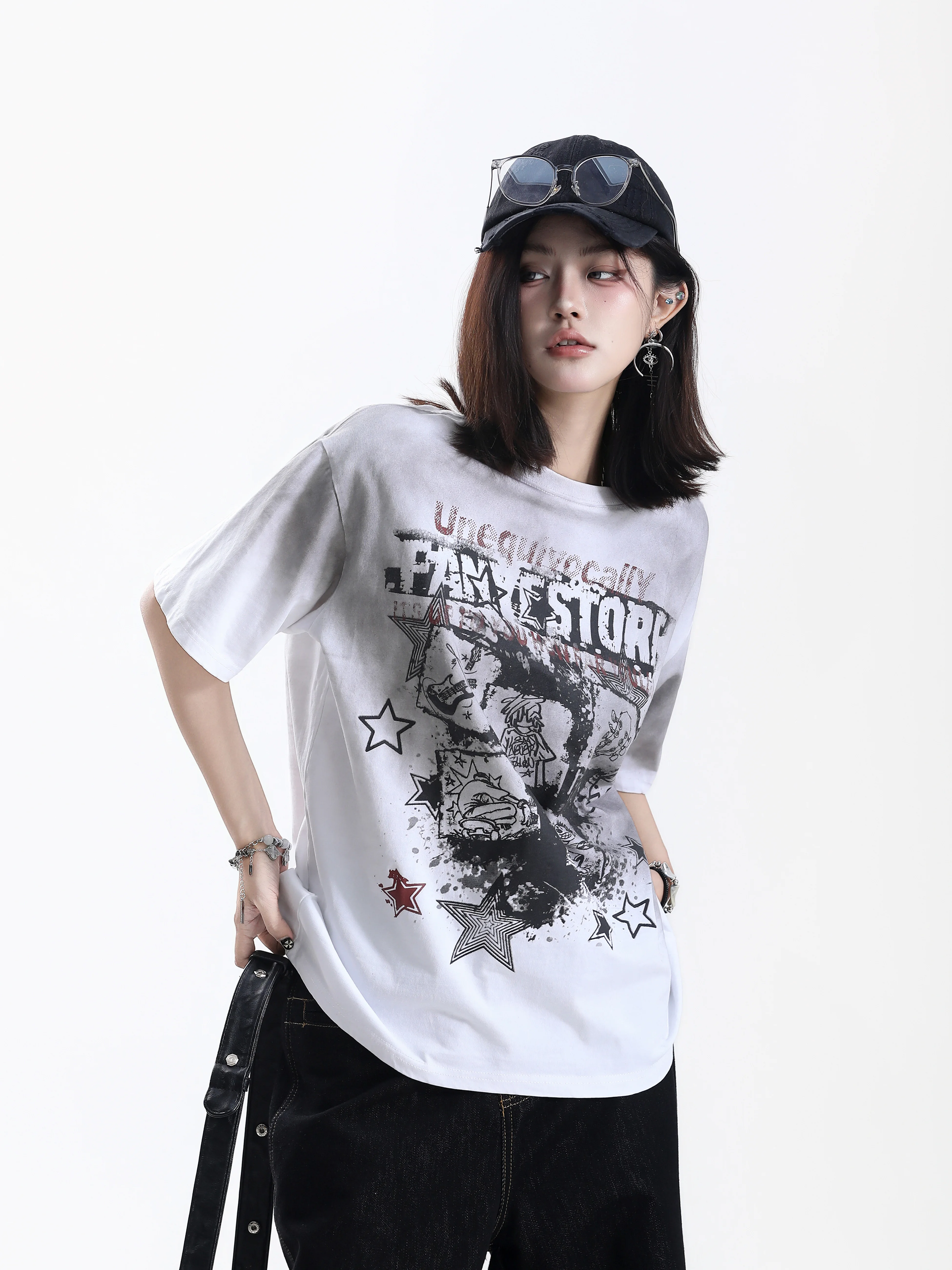 Small Ball Ball Anti-Aging Subculture Short Sleeve Women's Loose American Retro High Street Neutral Washed Top T-shirt