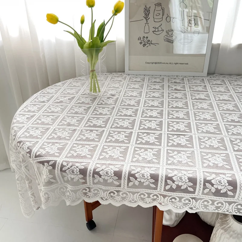 Dining Table Cloth Wedding Party Dining Deco Garden Tablecloth White Lace Ice Silk Hollowed Out Tablecloth Retro