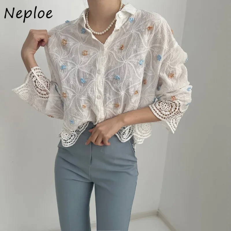 Neploe 2024 Autumn Sweet Gentle Temperament Blouses Femme Three-Dimensional Flower Hem Hollow Lace Embroidery Splicing Shirt