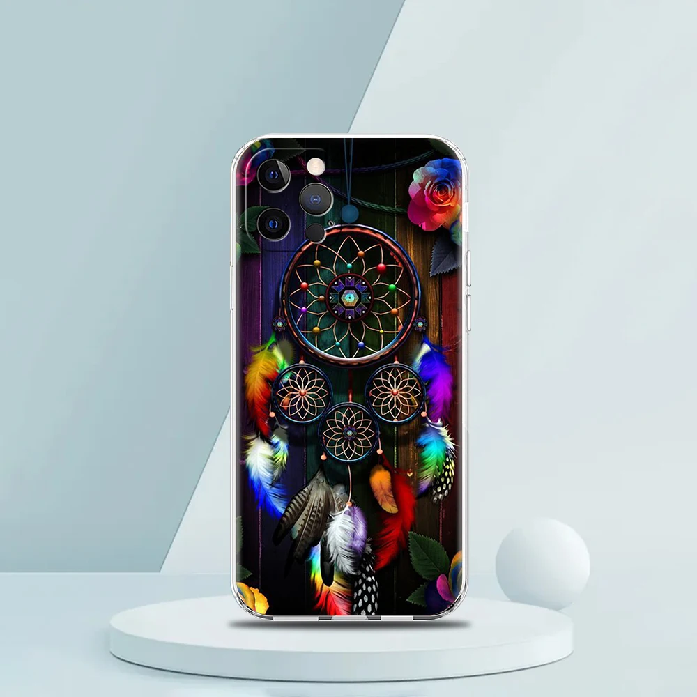 Soft TPU Transparent Phone Case Cover for iPhone 16 15 14 13 12 11 Pro Max XR 8 7 Plus XR Shell Mandala Dreamcatcher Pattern Bag