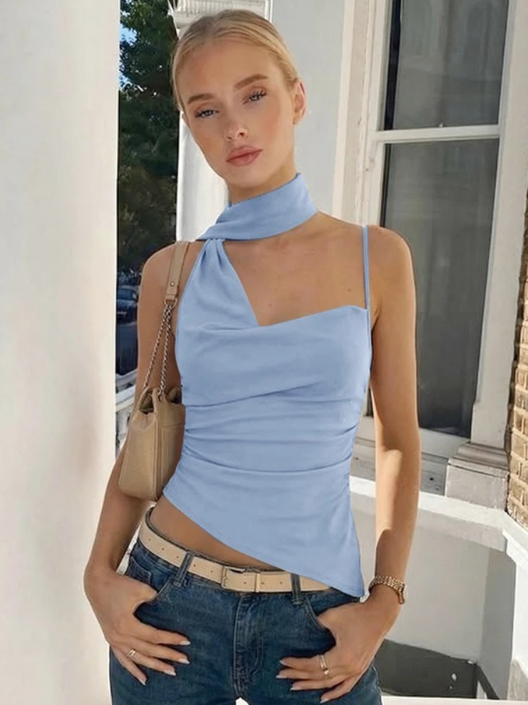 

FDYOUI Woman Clothes Bandage Irregular Tank Tops Elegant Halter Neck Backless Corset Top Y2K Streetwear Ladies Solid Camisoles