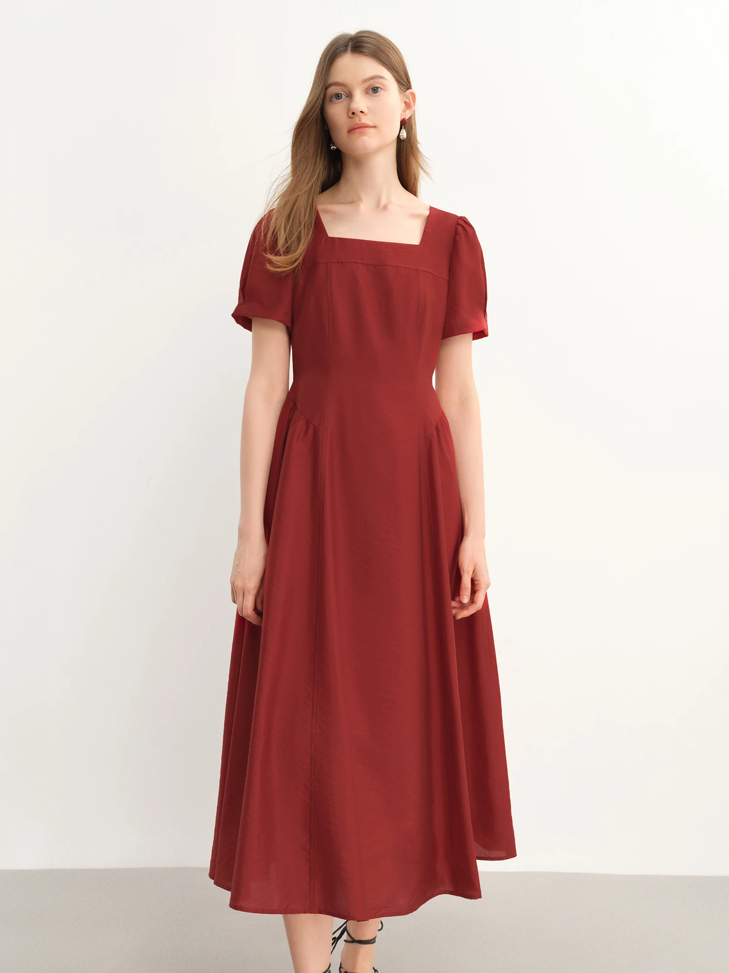 DUSHU Plus-Size Women's French Square Neckline Side Pleated Elegant Anchora Red Dress - 2025 Summer New Dresses 25DS82788