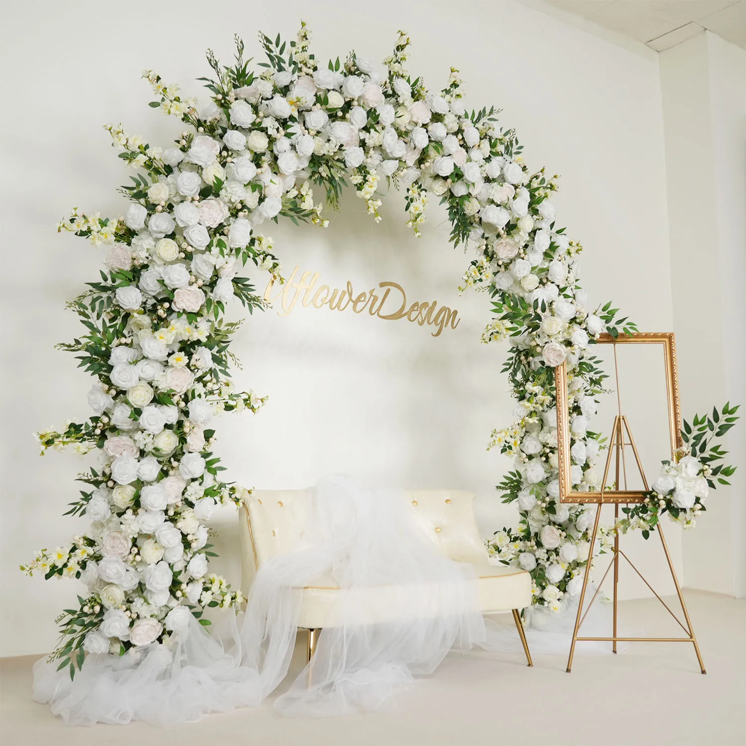 Uflower White Rose Green Plant Luxury Wedding Backdrop Decoration Artificial Flower Row Floral Arrangement Arch Prop Event Decor