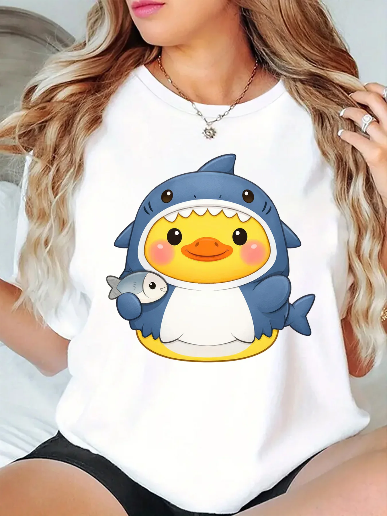 Cute Duck In Shark Costume Holding Little Fish Graphic Womens T Shirt Short Sleeve Crew Neck Lovely Casual Ladies Tee Tops