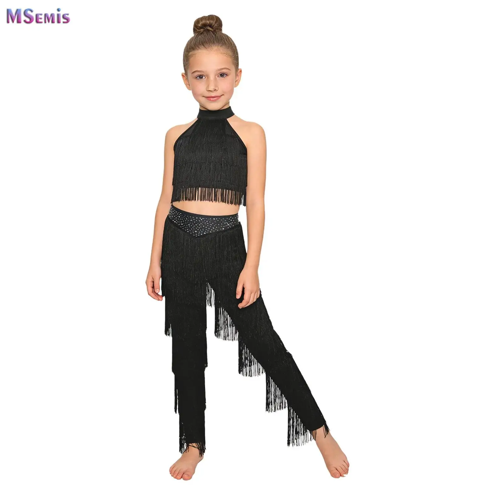 

2pcs/set Big Girls Fringe Latin Dance Wear Samba Fringe Latin Dance Pants with Tiered Tassels Crop Top Standard Ballroom Outfits