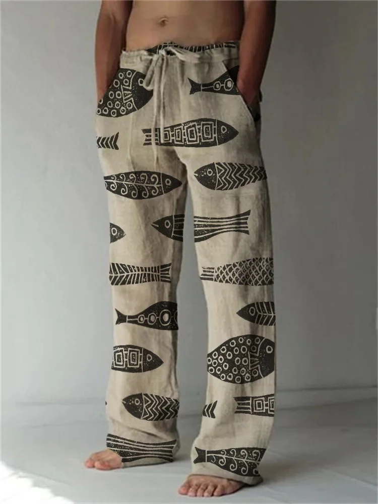 

Men's and women's trousers, loose casual trousers with print, fish trousers with rope straps and wide leg trousers