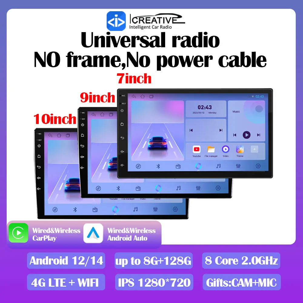 

8G 128G Universal Car Radio No Frame No Power Cable Multimedia QLED Navi GPS Stereo Android Auto Carplay BT 2 din DVD Head Unit