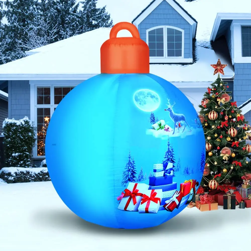 Kerst Opblaasbare Ballen Decoraties Blow Ups Kerst Ornament Blauwe Bal Met Santa Gift Ontworpen Patroon Indoor Outdoor Speelgoed