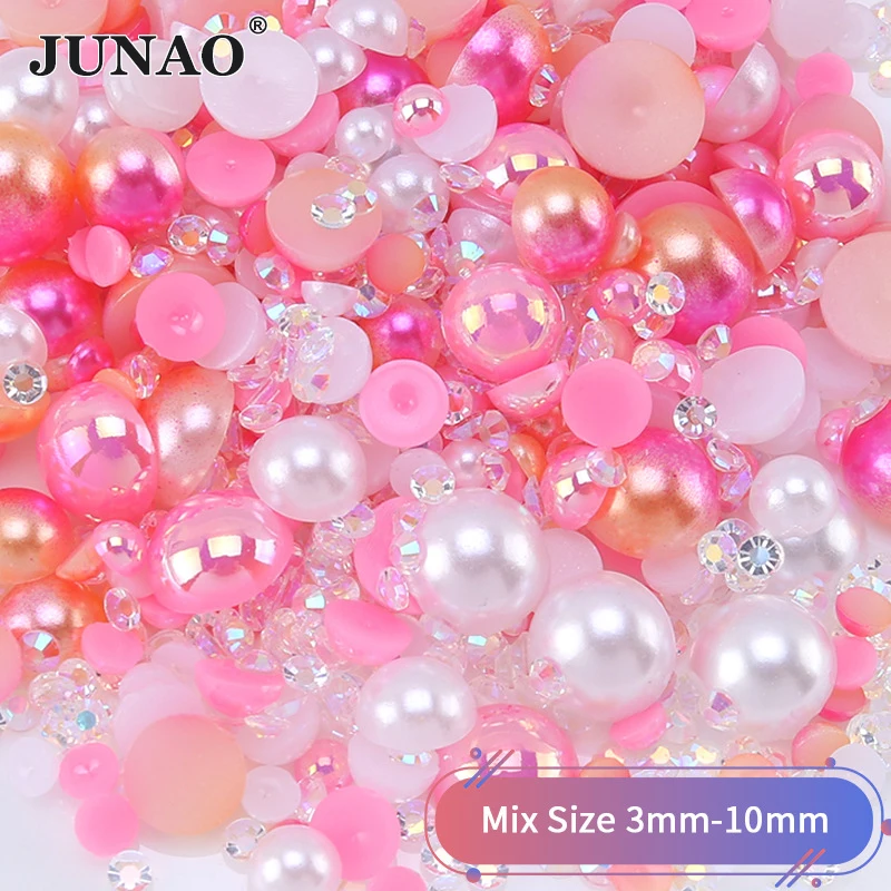 JUNAO 3mm-10mm Mix Size Flatback Pearls AB Rhinestone Imitation Half Round Pearl Non Hot Fix Crystal Stones DIY Clothe Crafts