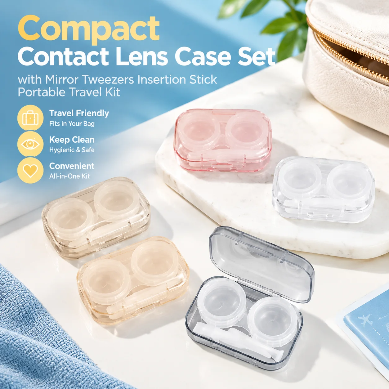 Compact Transparent Contact Lens Case Set with Mirror Tweezers Insertion Stick Portable Travel Kit